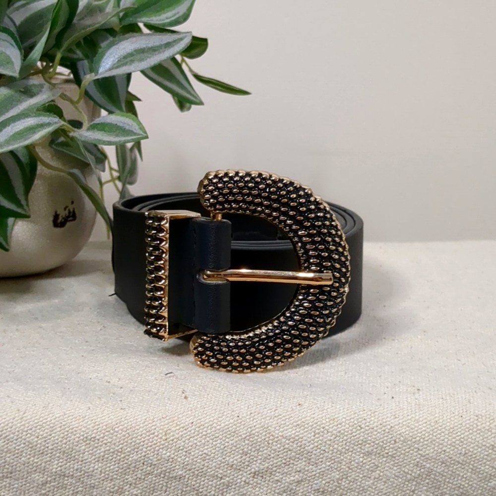 Black Faux Leather Belt with Gold Buckle